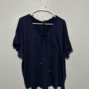 Navy Lace-Trim Tie-Neck Women's Blouse